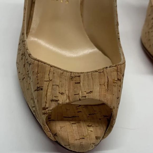 Christian Louboutin Peep Toe Sling Back Light Brown Cork Heels Size 35.5 | 5.5 - Picture 7 of 14